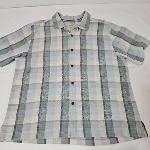 Tommy Bahama Men's Blue and White Plaid Shirt XL 100% Silk